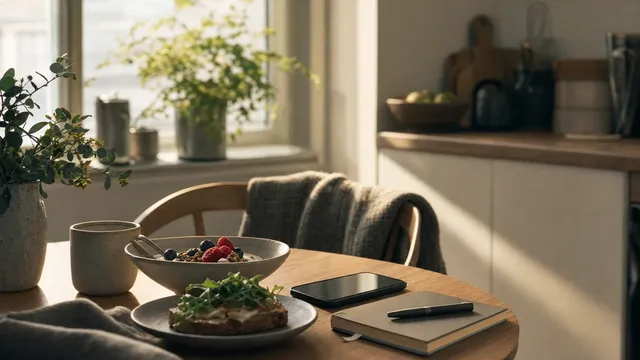 Kuva keittiön pöydästä, jossa on yksinkertainen aamiainen ja puhelin tai kalenteri vieressä, pehmeä ilta- tai aamuaurinko taustalla, tavallinen arkihetki.