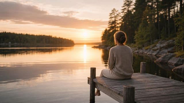 Nainen istuu laiturilla tyynen järven äärellä keskikesän iltavalossa.