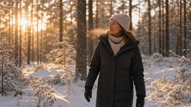 Aikuinen kävelee rauhallisesti lumisessa metsässä matalan auringon valossa.