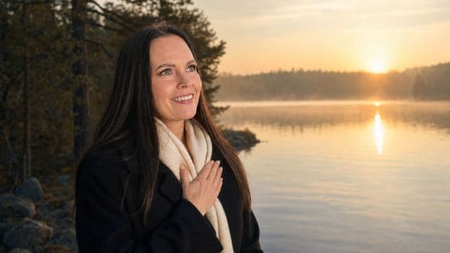 Maisa seisoo järven rannalla käsi sydämellä aamuauringossa.