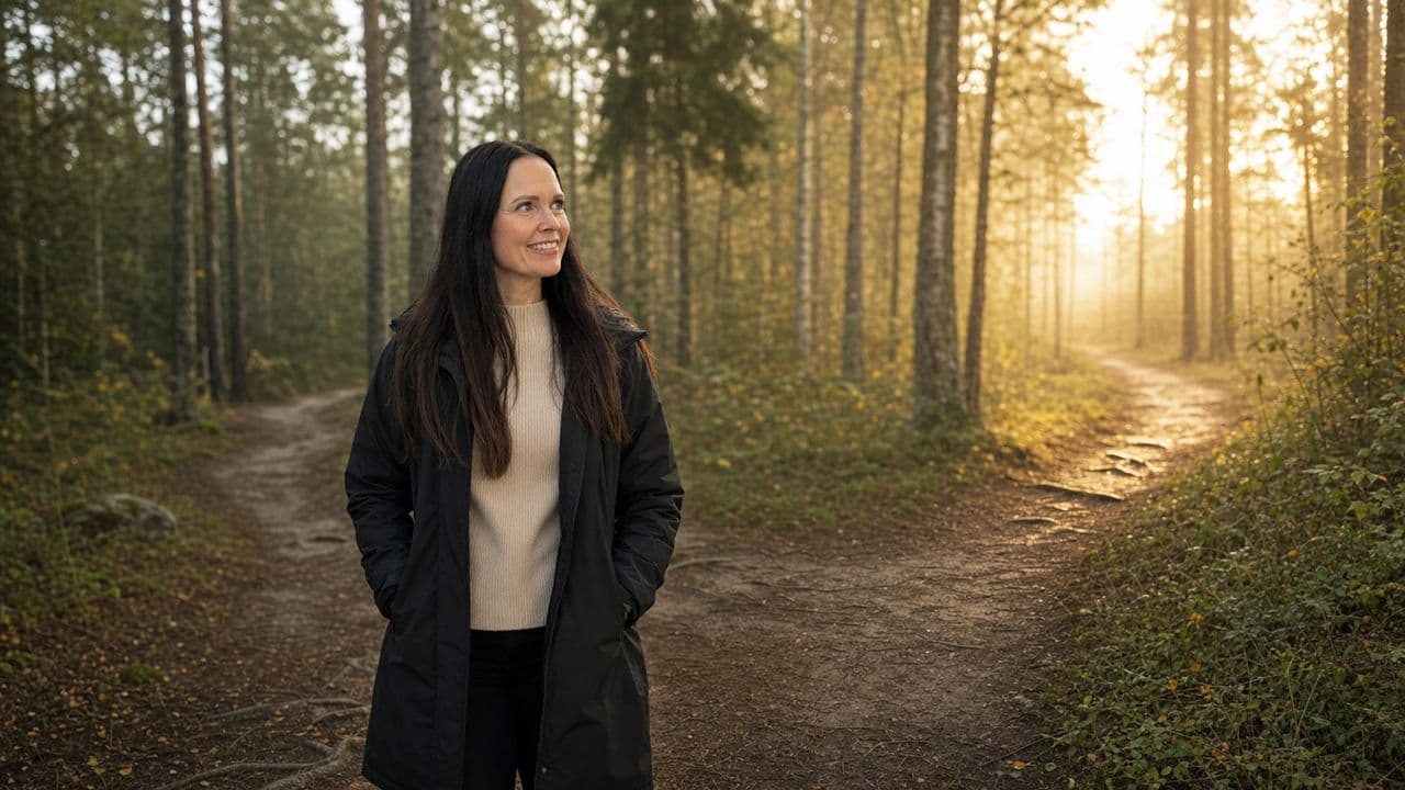 Maisa pysähtyy rauhallisena metsäpolun risteykseen aamuvalossa.