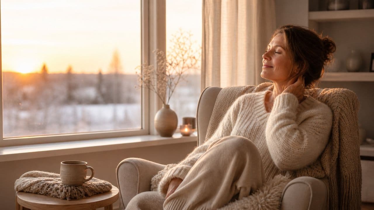 Nainen lepää nojatuolissa talvisen aamuauringon valossa.