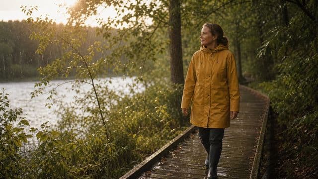 Nainen kävelee metsäpolulla kultaisessa sadetakissa lempeässä sateessa.