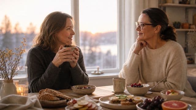 Kaksi naista viettää rauhallista aamiaista lämpimän ikkunan äärellä.